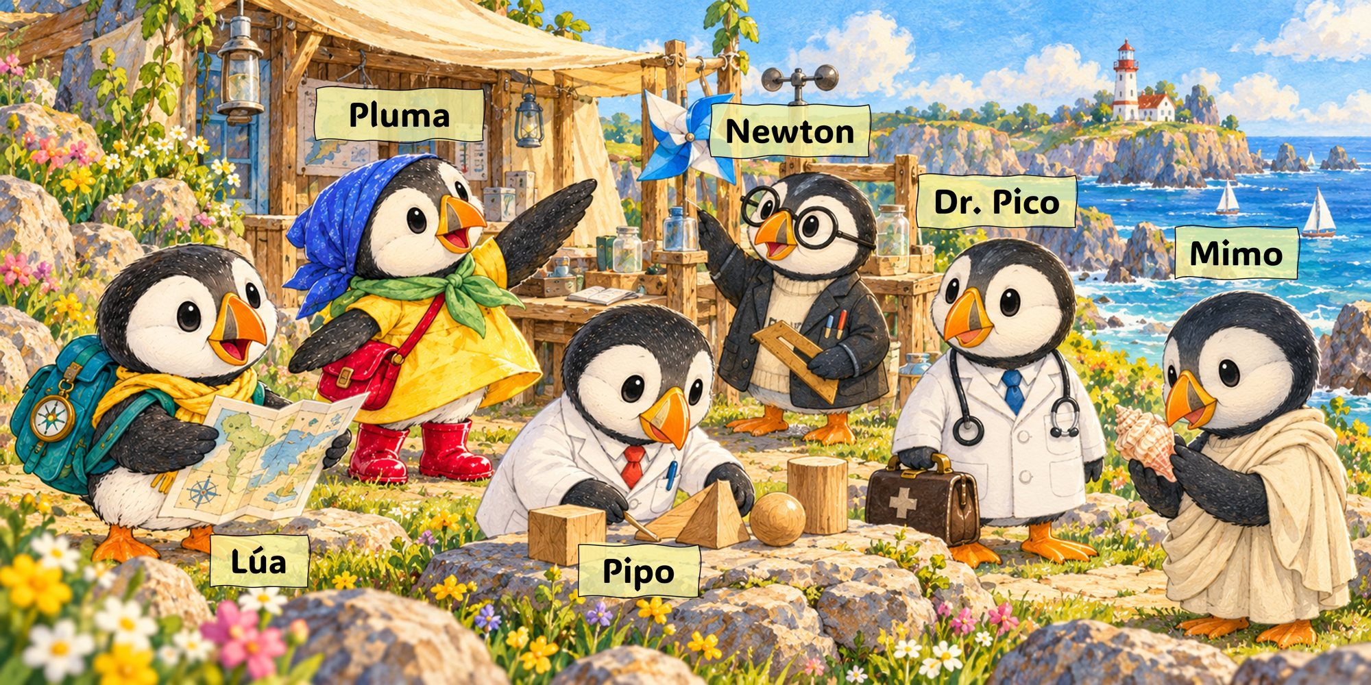 Lúa, Pluma, Pipo, Newton, Dr. Pico y Mimo delante de la Escuela del Faro, con el faro y el mar al fondo